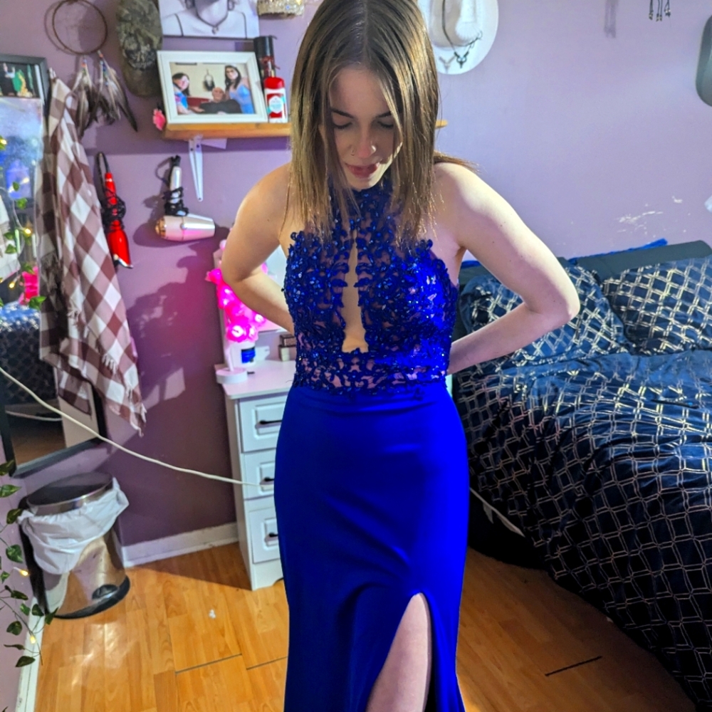 Red Dress Boutique Blue Sequin Halter Gown